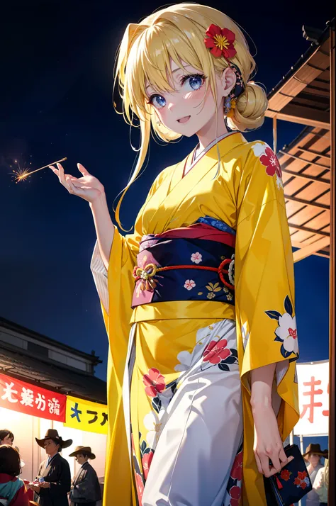 Arisburg, Alice Zuberg, bangs, blue eyes, blonde, Hair between the eyes, Long Hair,Flower Hair Ornaments,Tie your hair back, hair band, white hair band,Yellow kimono,happy smile,smile, Open your mouth,firework in the night sky、firework,場所はfirework大会,Time i...