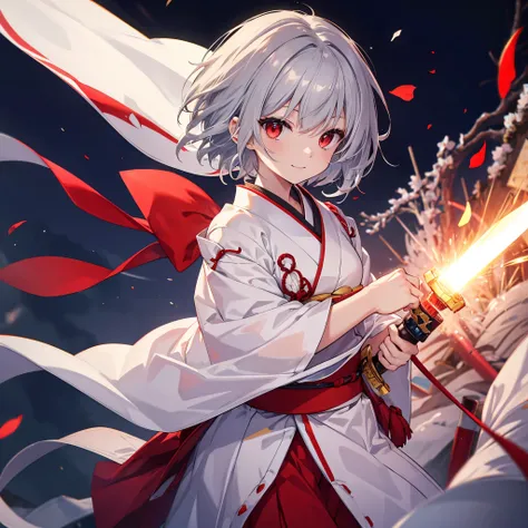 (((((1 person　gray hair、short hair、make your hair glow from within　white and red clothes、shoulder)))))　((((high resolution　japan...