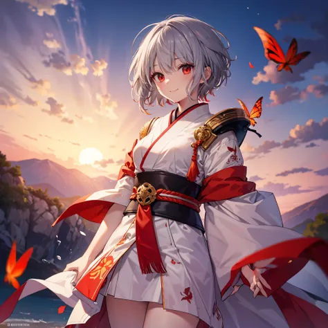 (((((1 person　gray hair、short hair、red sideburns　white and red clothes、shoulder)))))　((((high resolution　put the sheath on your ...