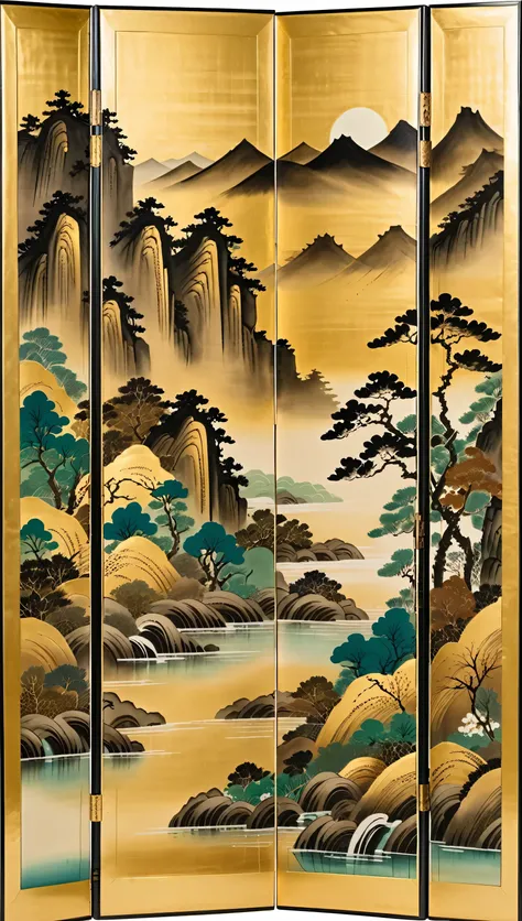 masterpiece,A folding screen depicting dry landscape gardens,Ink and water Japanese painting,(Beautiful gradation created by layering),(Tarashikomi technique),(Gold dust base),(dynamic)