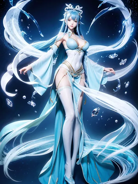 Xian Xia，Fairy，25 years old，Traditional Chinese appearance，Long white blue hair，blue eyes，Height 1.75 meters，Weight 54 kg，Golden Ratio Body Shape，Underwear is a close-fitting traditional Chinese blue bellyband，Wear a blue long-sleeved coat，Wear underwear a...