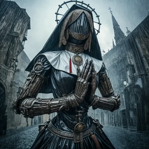 masterpiece, real photo, realistic. an adroid dressed by moj, He has his hands together, a sign of prayer., evil appearance. stands in the Vatican streets while it rains