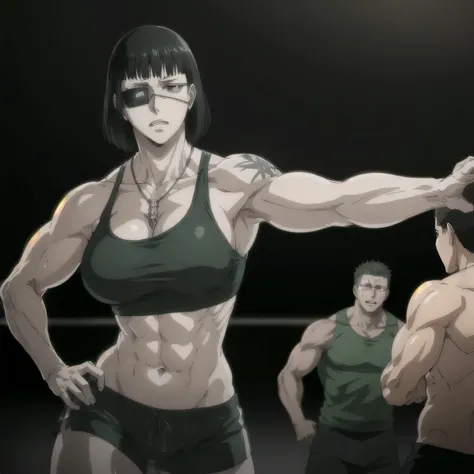 (best quality,ultra-detailed,realistic:1.37),musclaur badass girl with sculpted  body  shows her wearing dark green sport bra and dark  green Elastic sports shorts, full review of the female characters face and body, intense expression, strong and confiden...