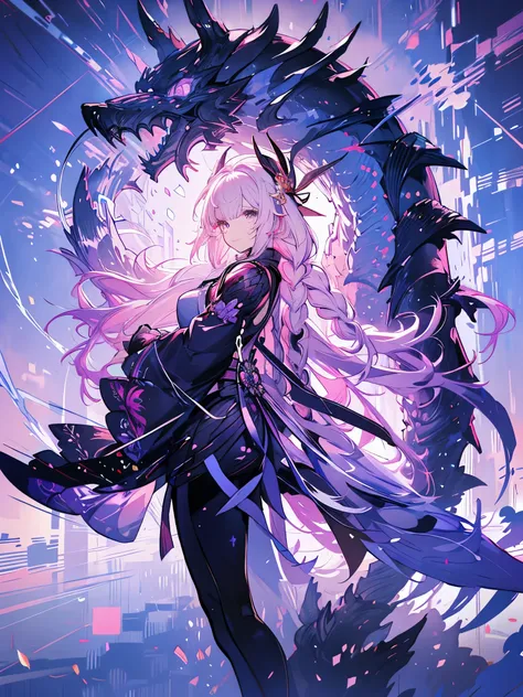 extremely details, perfect, aerial view, like a work of art, anime girl holding an ice and snow sword, pink hair and long purple...