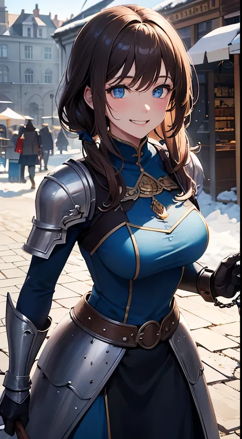 ((Extremely detailed)), 4K, ((cinematic lighting)), Close up, fantasy world, medieval, cobblestone city, wooden stone houses, snow, marketplace, market stalls, 1 woman, royal guard, long brown hair, blue eyes, ((beautiful eyes)), ((detailed eyes)), happy l...