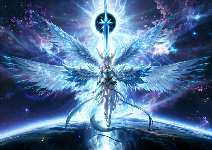 anime angel with sword and stars in the background, glowing angelic being, Ethereal angelic being of light., pureza angelical, ethereal anime, epic anime artwork, ethereal astral, elf angel meditating in space, Seraphim, as a mystical valkyrie, mystical va...