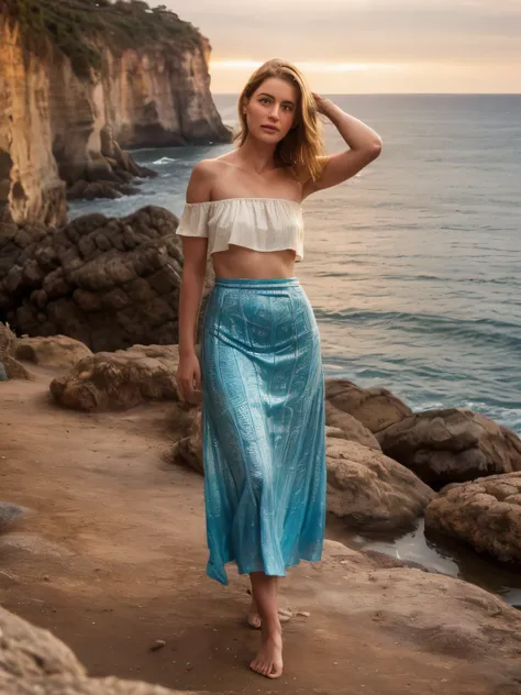 A young woman lies serenely on a steep serpentine walkway descending the rugged cliffs of Mallorca’s south coast, captured in the 1870s. Her attire includes a paisley print off-the-shoulder top and a flowing maxi skirt, both rendered in exquisite detail.

...