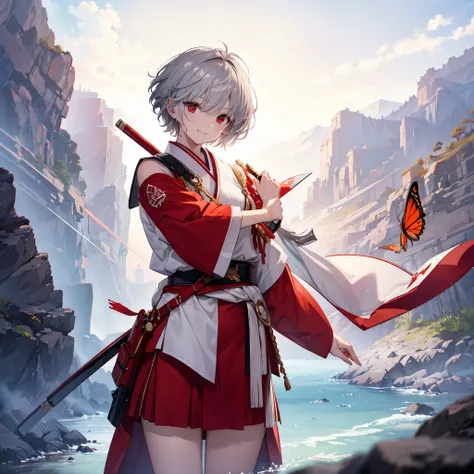 (((((1 person　Gray Hair、short hair、Red Sideburns　White and red clothes、shoulder)))))　((((High resolution　Put the sheath on your waist　Visible thighs))))　(((Black Belt　warrior　military commander、Close-up　smile　Red eyes)))　((Bright red butterfly　night　Japane...