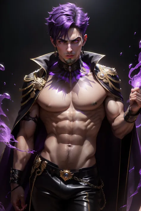 (8k,photorrealistic　CRU photo　Maximum quality;1.4) (1 young boy) Super handsome king of the underworld　(lifelike face) 　(Short-haired purple hair)　slenderbody　Muscular and macho　Black and purple aristocratic costume with big purple eyes　Golden decoration　F...