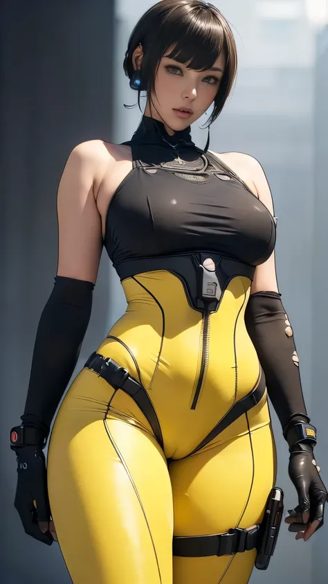 (A woman),(((A female special forces member stands))),((Yellow tactical High leg bodysuit:1.5)),((earphone:1.5)),((Tactical Holster:1.5)),(Gloves:1.5),(Serious:1.5),(Super short hair:1.5),(bionde:1.5),(beautiful eyes:1.3),(Very detailedな顔:1.5),((Very detai...