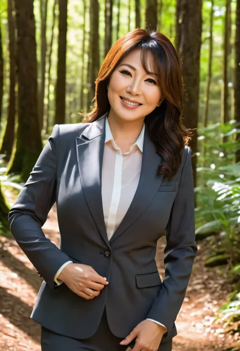 pov,((a beautiful 50 years old Japanese MILF)),(baby face), (full body), in the forest, curvy figure, huge breasts, beautiful ass, seductive smile, naughty facial expression, ((wearing a office lady suit)), (best quality,4k,8k,highres,masterpiece:1.2),ultr...