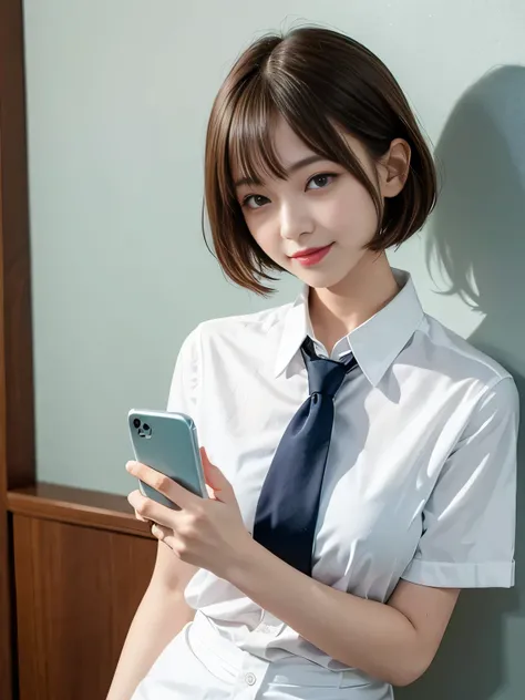 Highest quality、Figures、Taking a selfie with a smartphone、I can see my smartphone、One people、Cute Girls、sexly、Slender、Navy blue tie、White shirt、Green exy very detailed、Fine details、Slim Body、Slender、Japanese Girls２people、High resolution、8k、wallpaper、Perfec...