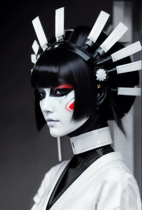 a girl with white face paint and black makeup, Geisha in the style of futuristic designs, Geisha Android, Geisha Cyborg, dangerous, dark, dark white and light blue, Yuan-Dynasty, Robotermotive, uhd image, Patrick Woodroffe, Rococo-inspired