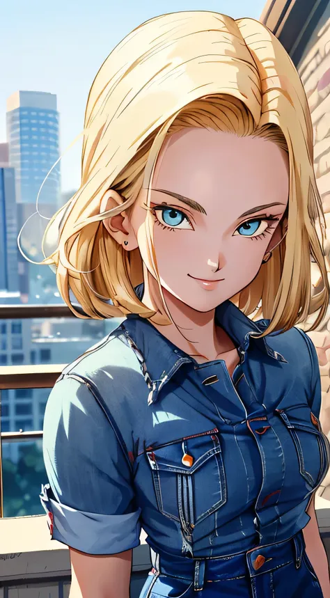 Beautiful portrait Android18DB, ( upper body closeup photo ), ( bokeh effect ), (cowboy shot), very seductive, seductively pose, smiling, fluffly, muito fluffly, ultra high definition, master part, ultra high-quality, ultra detailing, 8k, Big , topless , b...