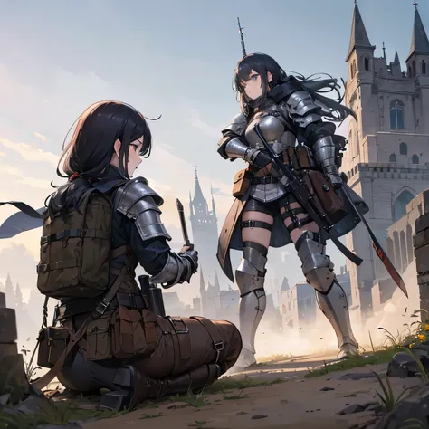 Tactical knight, light armor, tactical equipment, tactical straps, leather equipment, tactical accessories, knight accessories, 1girl, medieval background, tactical armored boots, knife sheath equipment, light protection, in castle