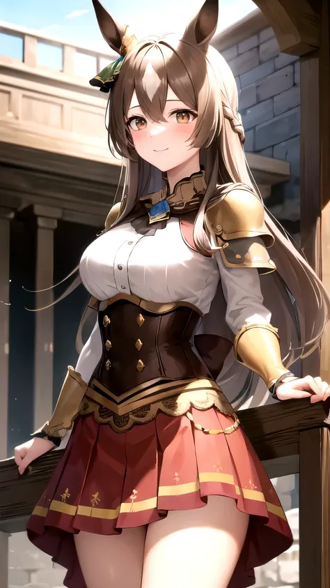 masterpiece, best quality, highres, {{8k}},
BREAK,
aasato, long hair, half updo, braid, hair between eyes, animal ears, ear ornament, medium breasts, plate armor, long red skirt, cowboy shot, shy smile, blush, cute, wide hips, busty,
BREAK,
outdoor, castle...