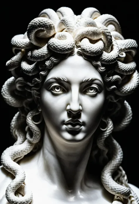 face close up shot ,(looking at viewer) ,((a statue of medusa)),(greek mythology), (hair is like countless snakes),(beautiful ey...