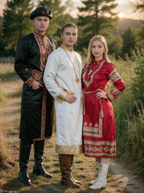 front view, (1 boy and 1 girl is existence), (couple is love), standing ,((couple is hug , gaze at each other)), (1 man is Russian man, traditional Russian costumes from the 1930s, Black and White design, Cossack hat, long boots ), (1 woman Russian trad...