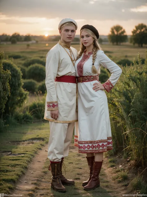 front view, (1 boy and 1 girl is existence), (couple is love), standing ,((couple is hug , gaze at each other)), (1 man is Russian man, traditional Russian costumes from the 1930s, Black and White design, Cossack hat, long boots ), (1 woman Russian trad...