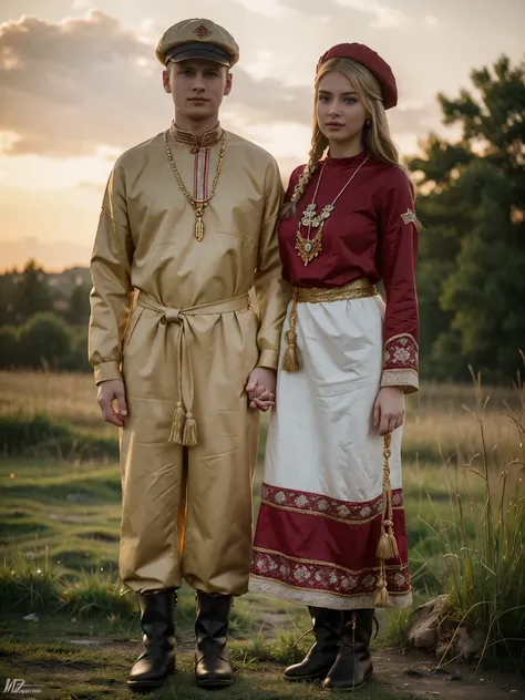 front view, (1 boy and 1 girl is existence), (couple is love), standing ,((couple is hug , gaze at each other)), (1 man is Russian man, traditional Russian costumes from the 1930s, Black and White design, Cossack hat, long boots ), (1 woman Russian trad...