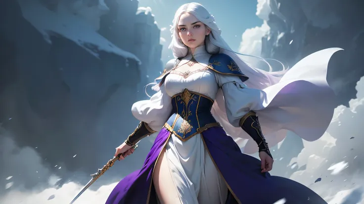 A snow white skin woman in her thirties with determined gaze looking at the horizon, white eyebrows, snow white lips, violet eyes, long sky blue straight hair, medieval dress, blur white room background, highly detailed, realistic, inspiring, legendary, aw...