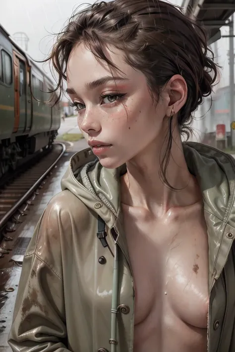 masterpiece, best quality, 2girls, (closeup:1.5), 18yo teen, slim, small breast, side view, sad, tired, dirty face, green raincoat, (backpacks), heavy rain, downpour, wasteland, train station, industrial ruins, grey, desolate, rain, dark, watercolor, analo...