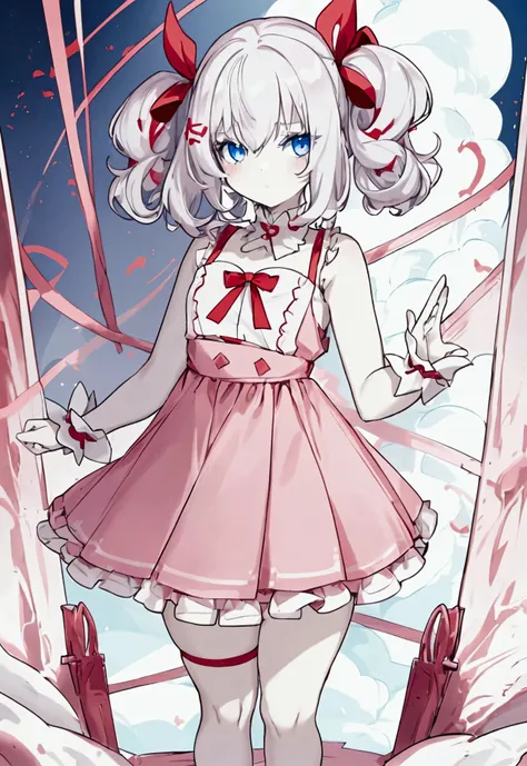 1 girl, pale skin, one eye blue and the other red, short stature, big chest, big butt, thick legs, small waist, short curly shoulder length white hair, wearing a cute pink dress, with sneakers of the same color, and a ribbon in the hair of the same color.