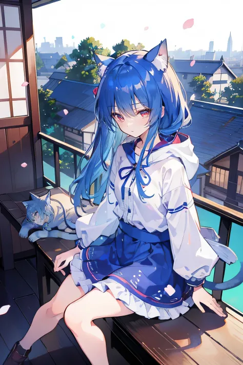 （maSterpiece：1.2），Super detailed，lifelike，ExpreSSive eyeS，fair Skin，perfect face Shape，1 girl，
JapaneSe comicS,GorgeouS blue hair,flowing blue hair,flowing clotheS,Cat earS,PetalS fall,beautiful lola,Baby Angel，The pavilion iS cool and comfortable,Smile, w...