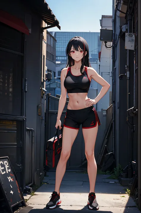 1woman, black hair, red eyes, black sports bra, black athletic shorts, standing on ground, high res, ultra sharp, 8K, masterpiece