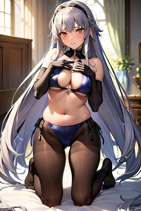 (Highest quality:1.1), (masterpiece:1.4), (Absurd:1.0), 
One Girl, Joan of Arc Horta、Silver Hair、Medium chest、Looking at the audience、Bedroom、(blush:1.2)、Embarrassed expression、(Swimsuit)、((belly button))、((pantyhose))、((Long gloves))、((Underboob))、(Kneeli...