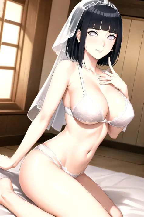 Long hair， Hinata(Boruto Naruto Next Generations), white bra, white lace, white panty bride, veil, 1 Girl,Solitary,Mature female,有Light泽的皮肤,Jewelry,earrings, breast, 裂解Face红 ,large Chest, Young women,Fair Finger,Fair long legs,Fair Body,Fair Nose,Fair char...