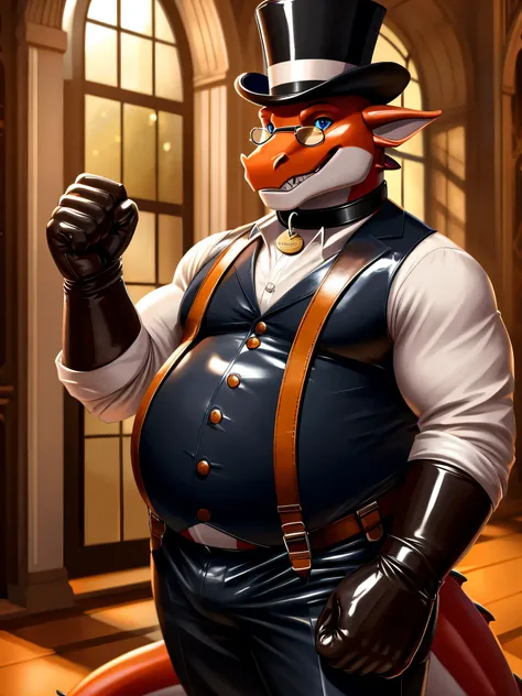 Solo, Male, fat, extremely obese, gentleman, dapper Professor Dragon, blue eyes, (posing:1.3), (soft shading), 4k, hi res, ((detailed face, detailed)), looking at viewer, mouth wide open, steampunk, large belly, bulging belly, dapper clothing, collared shi...