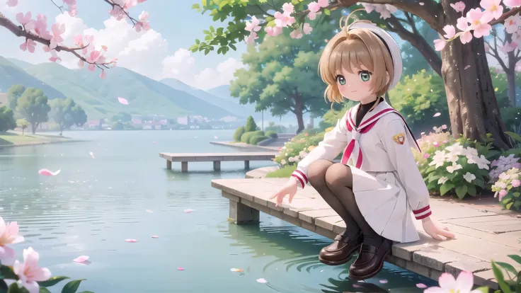 (masterpiece), Outdoor, cherry blossoms, petal, sunlight, lake, One Girl, blush, smile, Medium Hair, Sailor suit,Long skirt, Overgrown, petal, plant、Skirt lining、White slip、nostalgic、pantyhose(gray)、You can see the sea in the distance, Crotch clo...