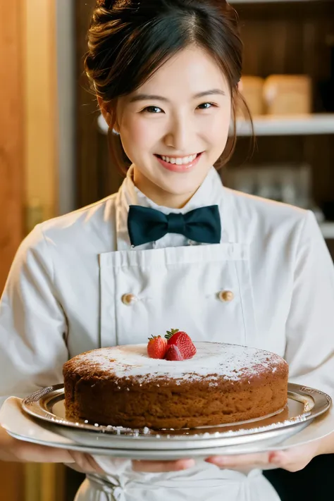 masterpiece, best quality, Professional Pastry Chef、Have a cake、Smiling