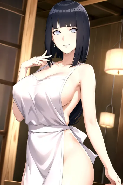 Long hair， Hinata(Boruto Naruto Next Generations), naked apron 1 girl,Solitary,Mature female,有Light泽的皮肤,Jewelry,earrings, breast, 裂解Face红 ,large Chest, Young women,Fair Finger,Fair long legs,Fair Body,Fair Nose,Fair character design, Perfect eyes, perfect ...