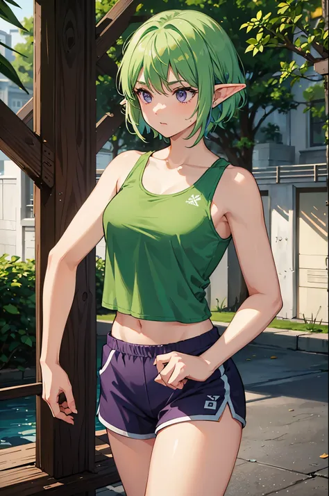 1woman, light green hair, short hair, purple eyes. elf, tank top, athletic shorts, standing on ground, high res, ultra sharp, 8K, masterpiece