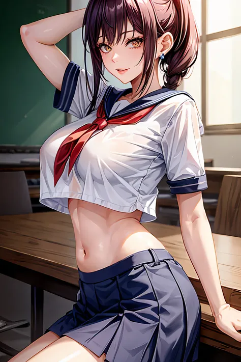 makima (chainsaw man), woman, sexy woman, mature female, mommy, sharp eyes, detailed lips, big breast, short sleeves sailor unif...