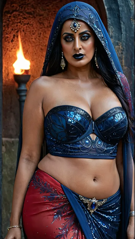 Looks like Mahie Gill, full body Closeup shot, Big chubby aunty, milf, cougar lady witch, fierce eyes, evil seductress, wide body, horny Gothic milf,  60 years old gorgeous mature lady, pervert demoness, demoness of lust, curvy, black lips, horny face, ext...