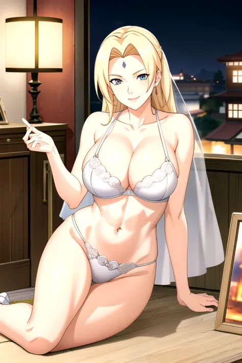 ((Tsunade milf physique)),(Imprint on the forehead ), Long hair, Blonde Hair, white bra, white lace, white panty bride, veil, 1 Girl,Solitary,Mature female,有Light泽的皮肤,Jewelry,earrings, breast, 裂解Face红 ,large Chest, Young women,Fair Finger,Fair long legs,Fa...