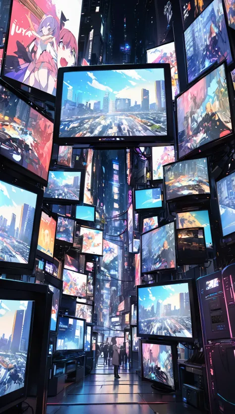 Art in Art、Conceptual Installation Pop Art、Highest quality、Ultra high definition、16K、2.5D、Delicate and dynamic depiction、On the display monitor、People and streetscapes are projected onto the monitor screen、Dark Venue、Near future city、Tokyo