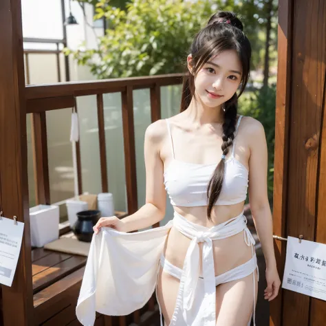 日本people、１people、The most beautiful woman、smile、Shyness、clear、Shiny black hair、((Standing with legs wide open))、Photo Style、Pigtails、light makeup、Eliza Ikeda、(((Wearing a white Etchu loincloth)))、((Light clothing:0.5))、(She is hiding her breasts by wrappin...