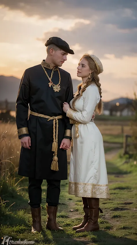 From behind view, 1941 years, June, (1 boy and 1 girl is existence), (couple is love), standing, ((couple is hug, gaze at each other, face to face)), girl is crying, (1 man is Russian man, traditional Russian costumes from the 1930s, Black and White design...