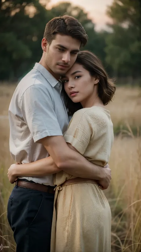 From behind view, 1941 years, June, (1 boy and 1 girl is existence), (couple is love), standing, ((couple is hug, gaze at each other, face to face)), girl is crying, The setting is a rural village during a festival, with people engaging in traditional acti...