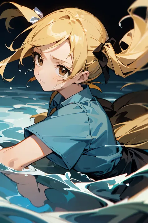 ((Better Quality)), ((Artwork)), (be familiar with), Facing forward、Cry、Insert the key、Crying, I stick my keys in the water、完璧なface、face、masterpiece, Highest quality, High resolution, Drifters, Blonde Hair, Brown eyes, Long Hair, Side Ponytail, Hair Ribbon...