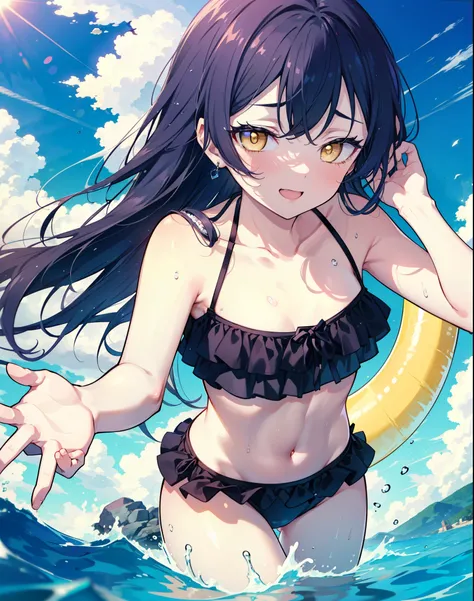 Umi Sonoda, Long Hair, Blue Hair, (Yellow Eyes:1.5) (Flat Chest:1.2),,happy smile, smile, Open your mouth,Black bikini swimsuit with frills,barefoot,Water Play,True Summer,Clear skies,Daytime, break looking at viewer, whole body, break...