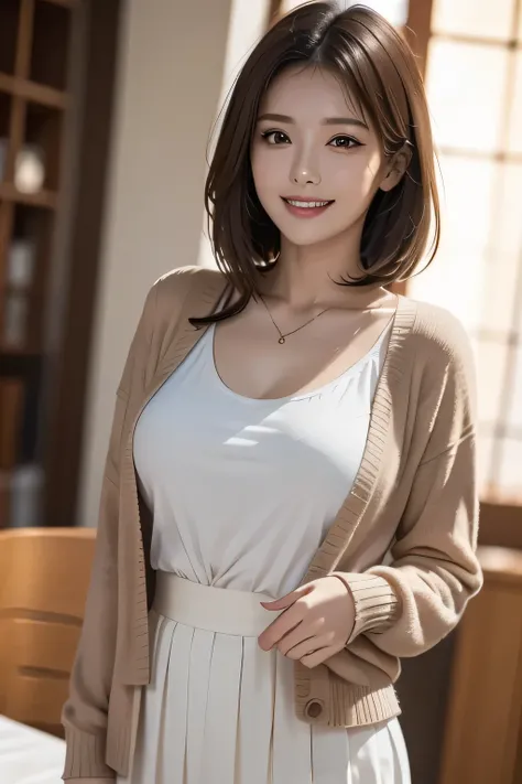(1 Ultimate Beauty), (Beautiful face with detailed shading), whole body, 40s, (Big Breasts), Brown eyes, grin, (Pink Cardigan), Open cardigan, White camisole blouse, (Yellow pleated skirt), Are standing, (Tabletop)), ((Highest quality)), (Very detailed), ...