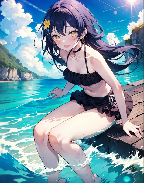 Umi Sonoda, Long Hair, Blue Hair, (Yellow Eyes:1.5) (Flat Chest:1.2),,happy smile, smile, Open your mouth,Black bikini swimsuit with frills,barefoot,Water Play,True Summer,Clear skies,Daytime,　　　　　　　　　　　　　break looking at viewer, whole body, 　　　　　　　　　break...