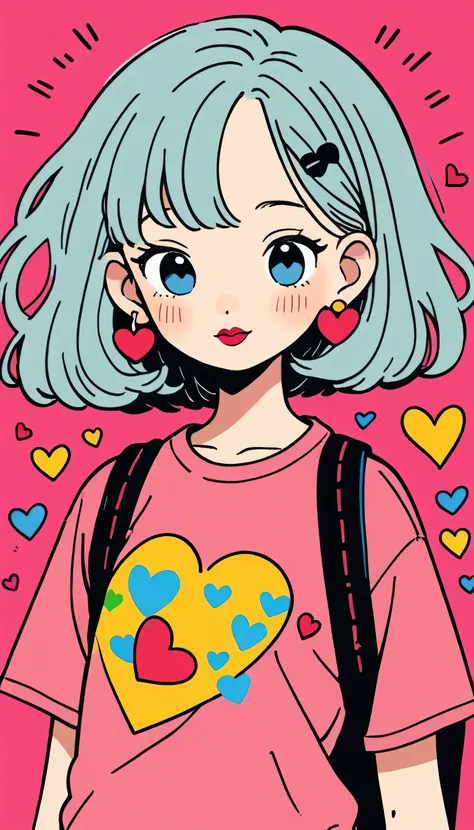 Keith Haring colorful style, Simple Line Initialism，Abstract art，Urban Background, (((The most beautiful girl of all time))), Sweet face. Lips in love, colorful hearts, stylish design, 夏のオシャレなTシャツ, 黒い瞳