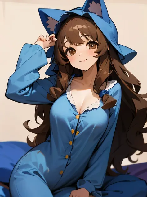 Cute girl, long brown curly hair, brown eyes, smile, blue cat costume pajamas, headdress, exposing big breasts, pajamas, nightwear, chest showing