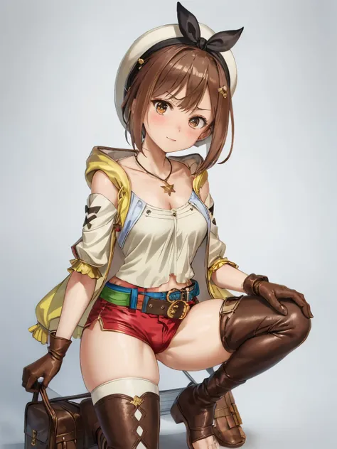 (Squat down and spread your legs:1.2), riser, 1 girl, alone, ((blush:1.2)), Shorts, gloves, Belt bag, have, Head Ribbon, jewelry, red shorts, Brown Hair, Thighs Thighs Thighs, short Shorts, Bridal Legwear, necklace, Brown eyes, One-handed gloves, hair orna...